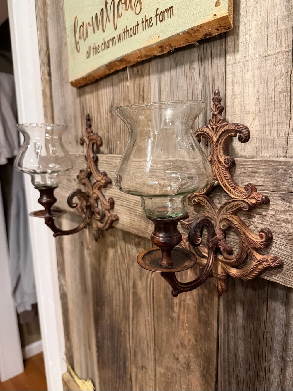 Pair of vintage BOHO scroll-work metal candle wall sconces